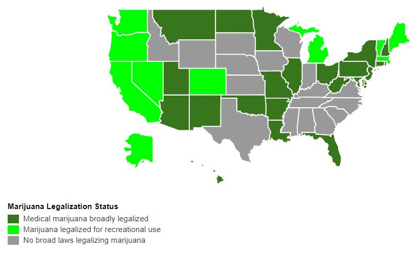 Map of states where weed is legal for medical or recreational use